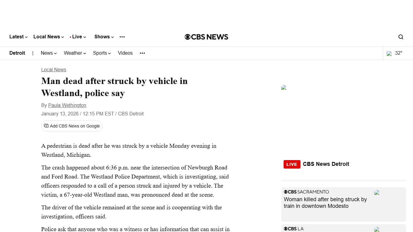 Man dead after struck by vehicle in Westland, police say - CBS Detroit